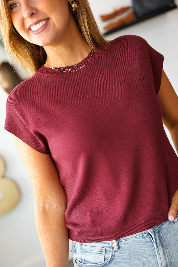 Cap Sleeve Knit Top - Burgundy