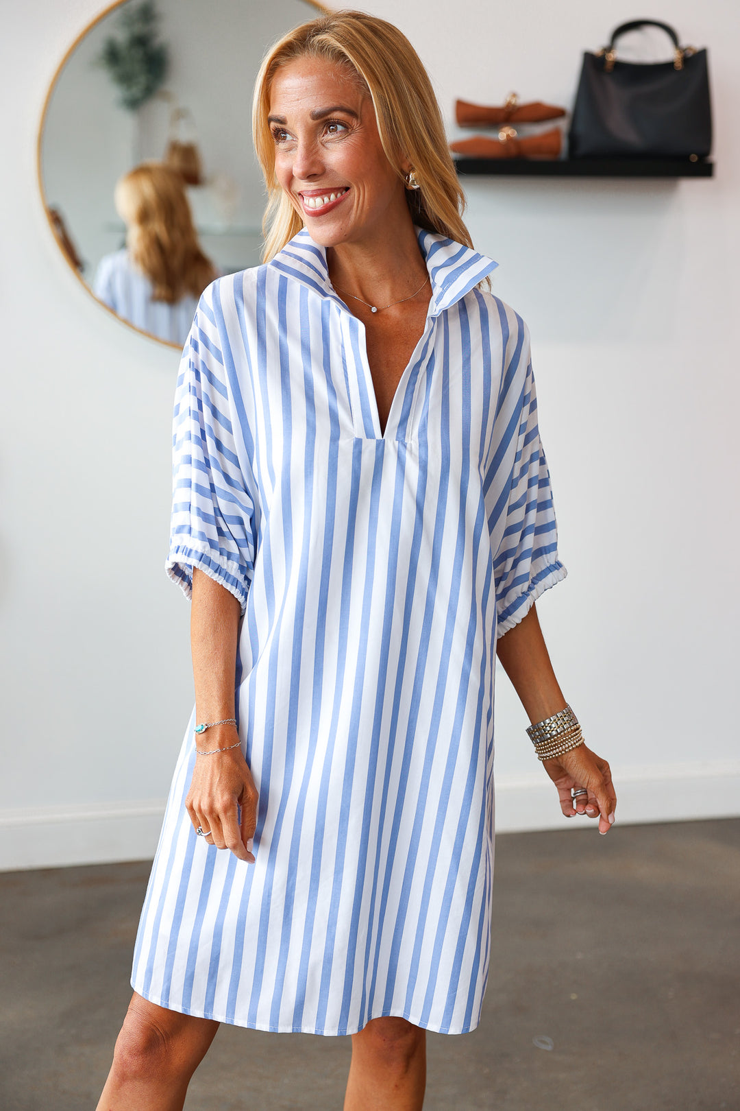 Short Sleeve Striped Dress - Blue