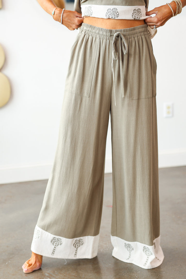 Embroidered Trim Pants - Olive