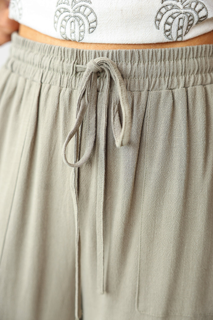 Embroidered Trim Pants - Olive