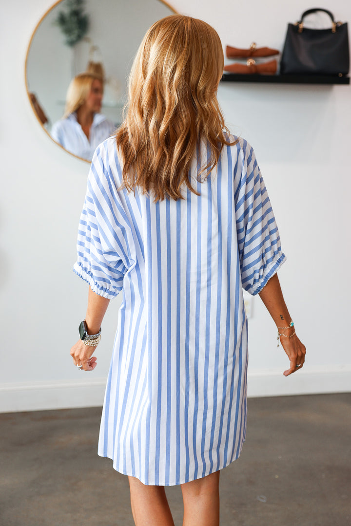 Short Sleeve Striped Dress - Blue