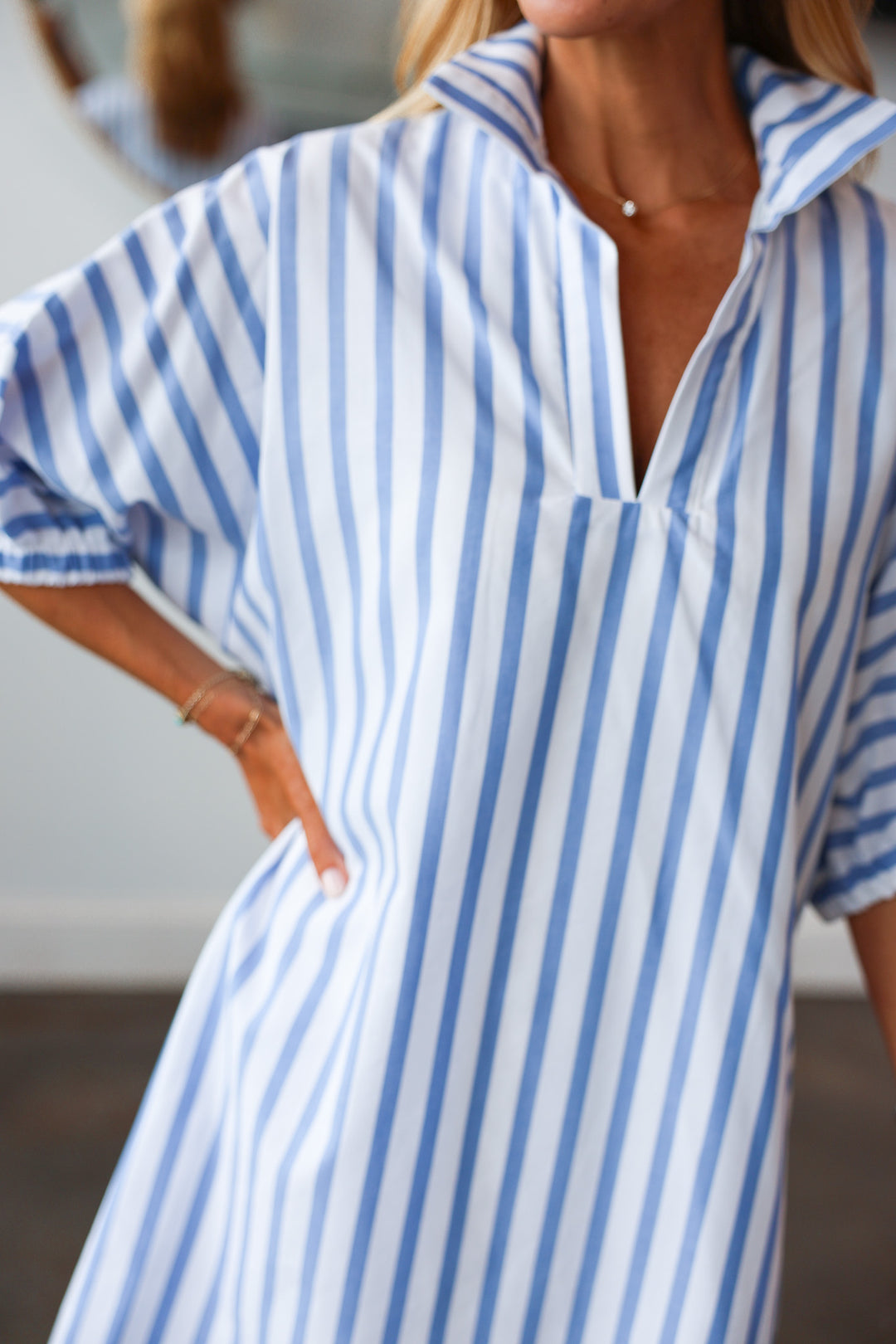 Short Sleeve Striped Dress - Blue
