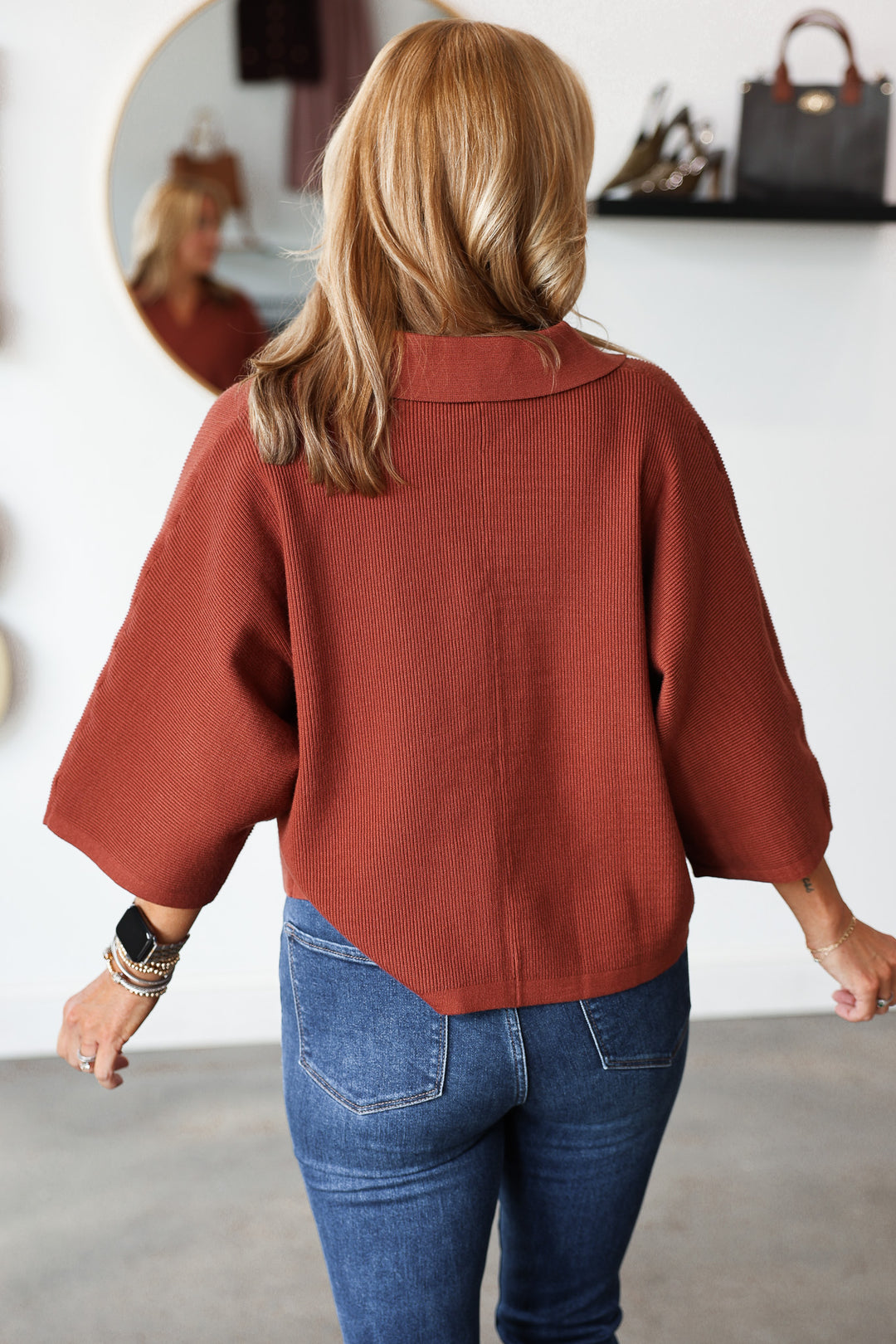 V Neck Ribbed Sweater - Brown
