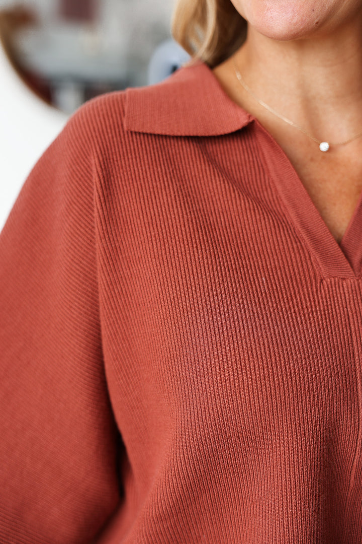 V Neck Ribbed Sweater - Brown