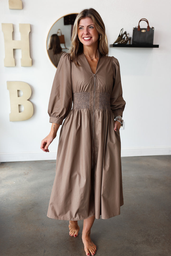 Smocked Waist Front Zip Dress - Mocha