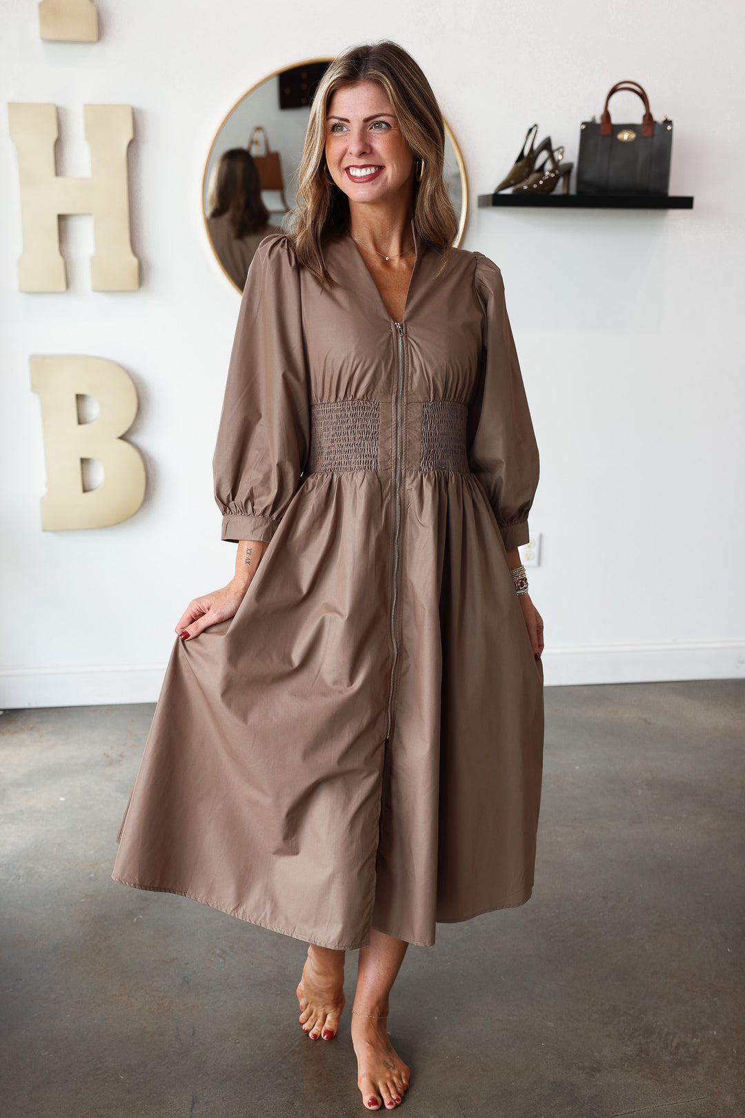 Smocked Waist Front Zip Dress - Mocha
