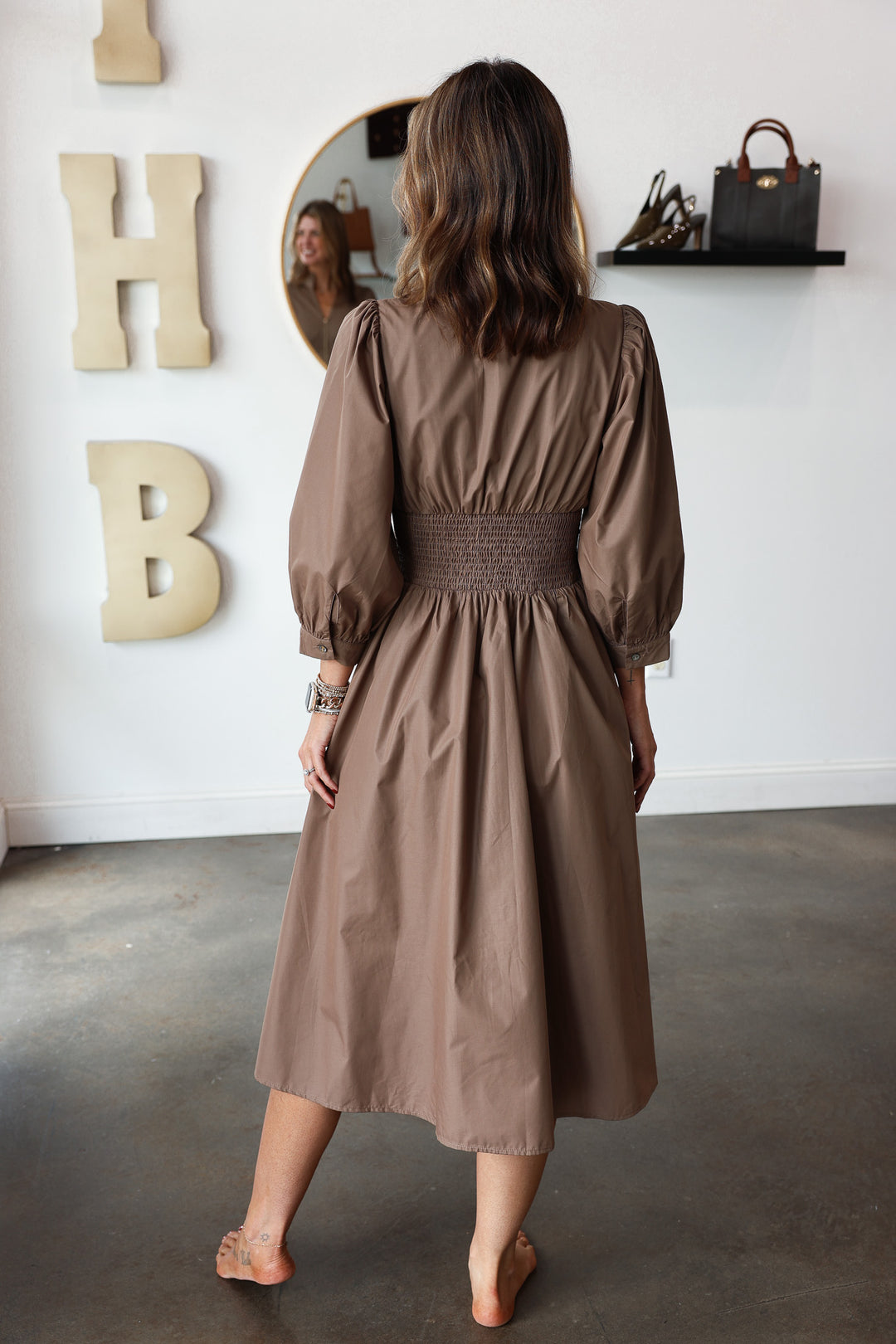 Smocked Waist Front Zip Dress - Mocha