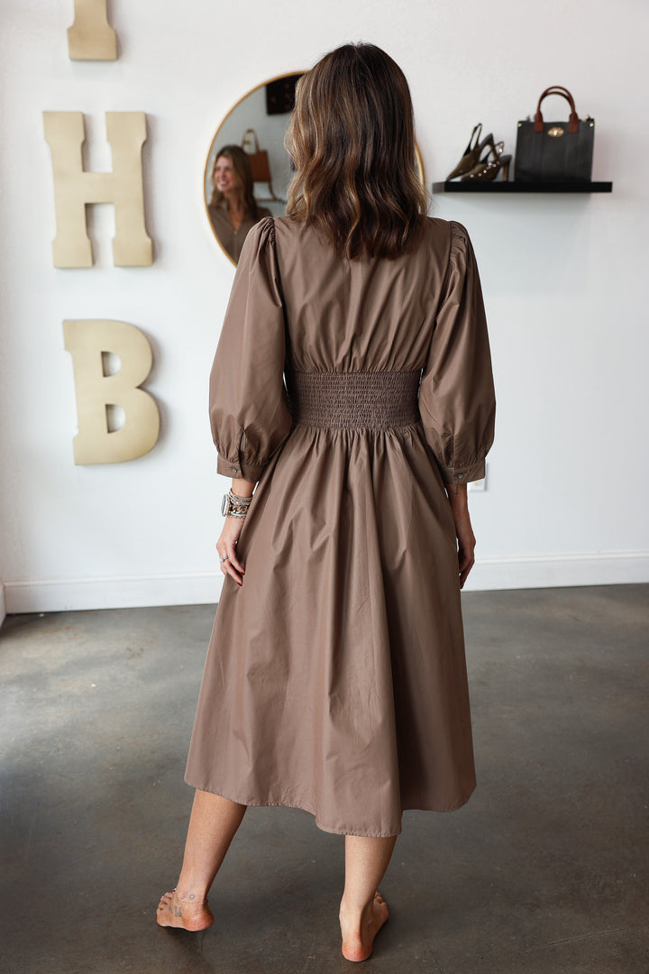 Smocked Waist Front Zip Dress - Mocha