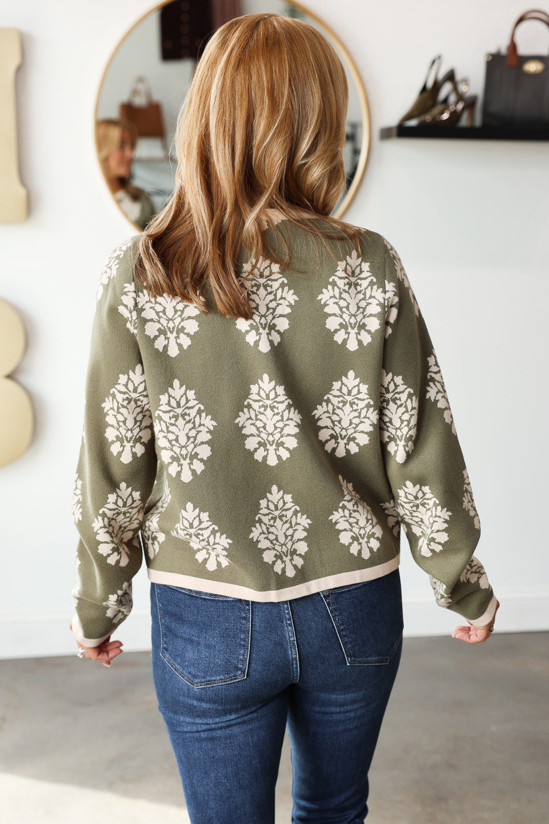 Printed Button Front Sweater - Olive