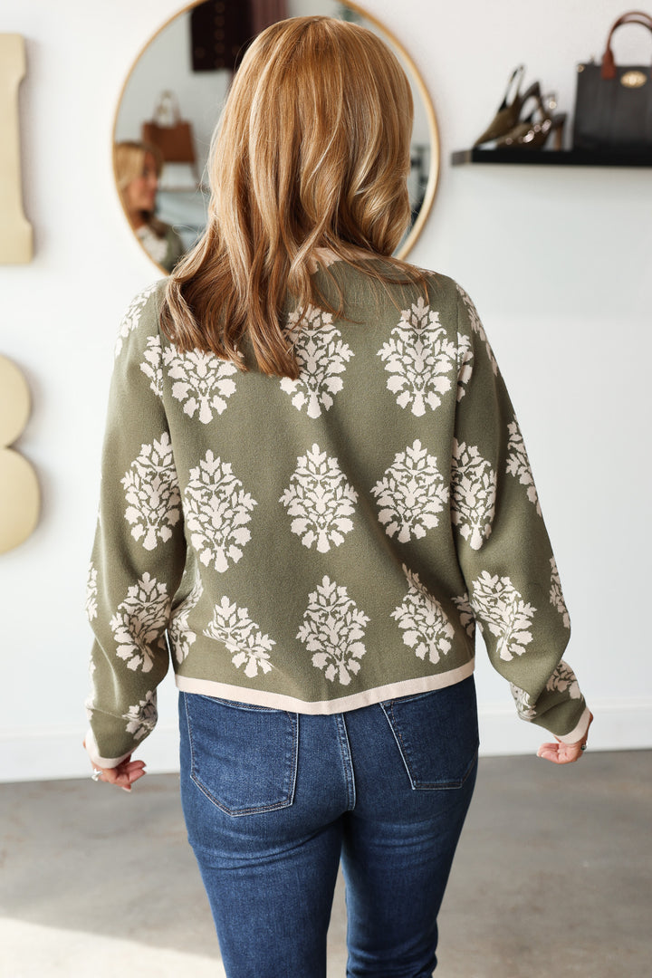 Printed Button Front Sweater - Olive