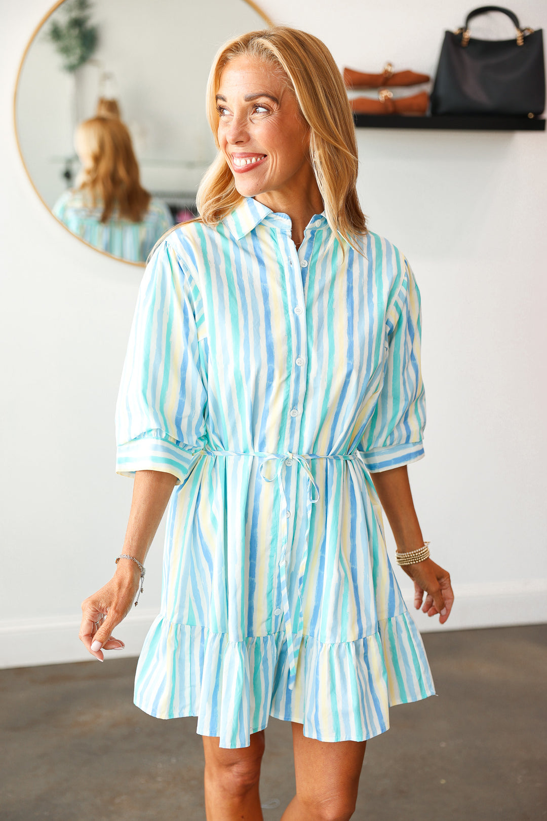 Stripe Tie Waist Dress - Blue
