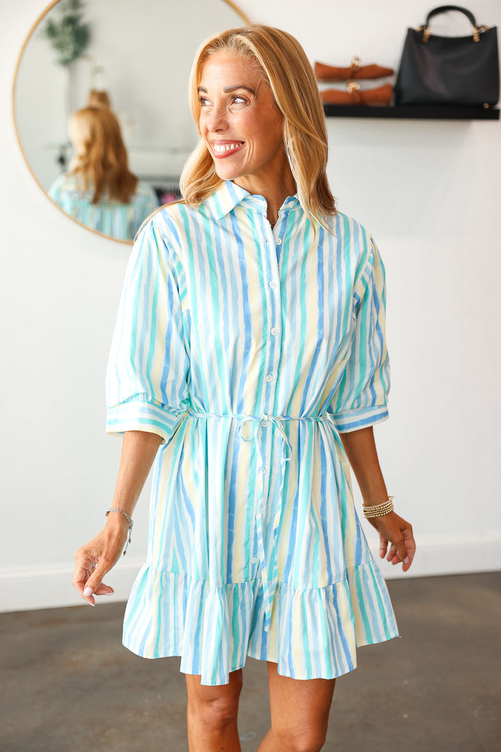 Stripe Tie Waist Dress - Blue