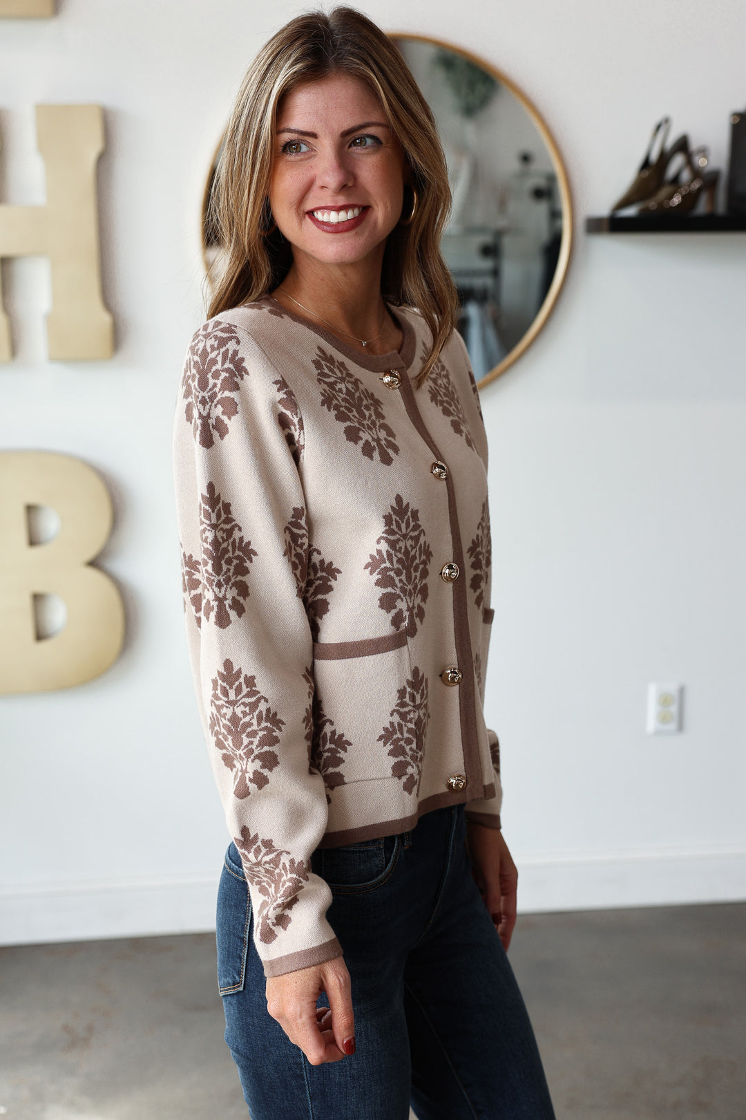 Printed Button Front Sweater - Taupe