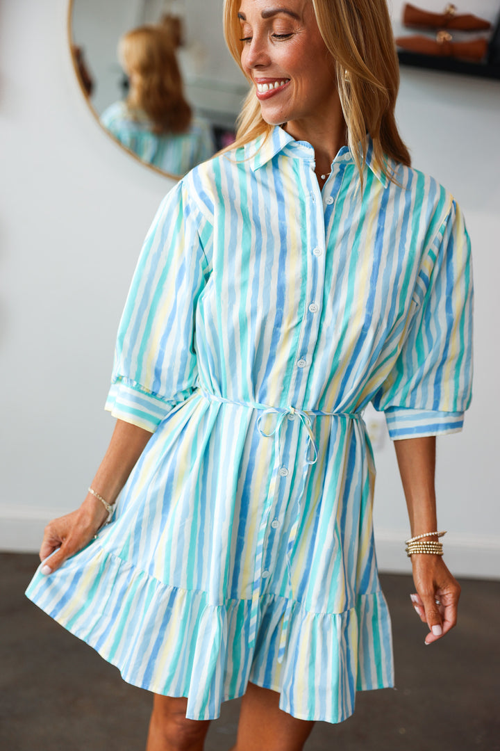 Stripe Tie Waist Dress - Blue