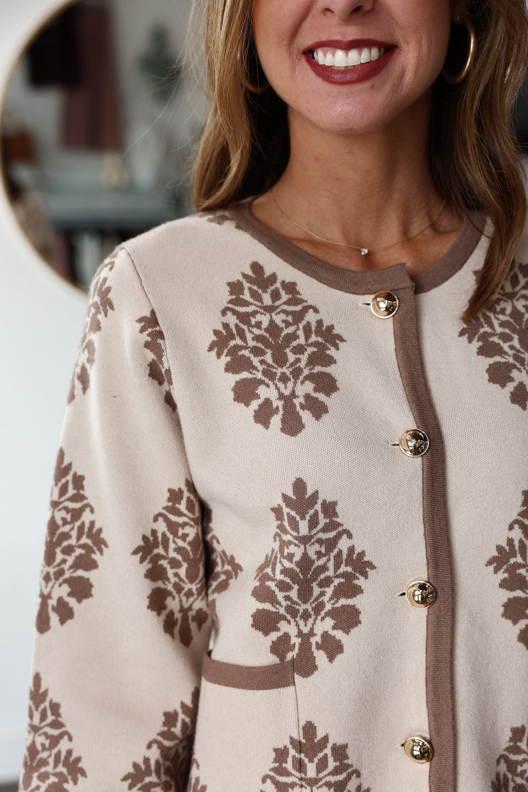 Printed Button Front Sweater - Taupe