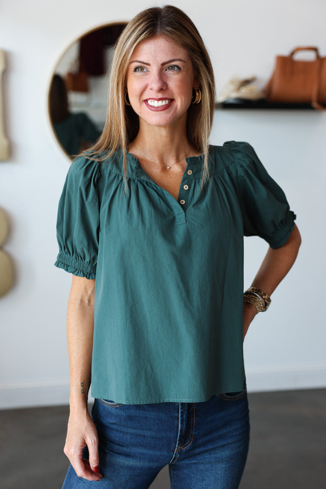 Split Neck Top - Forest