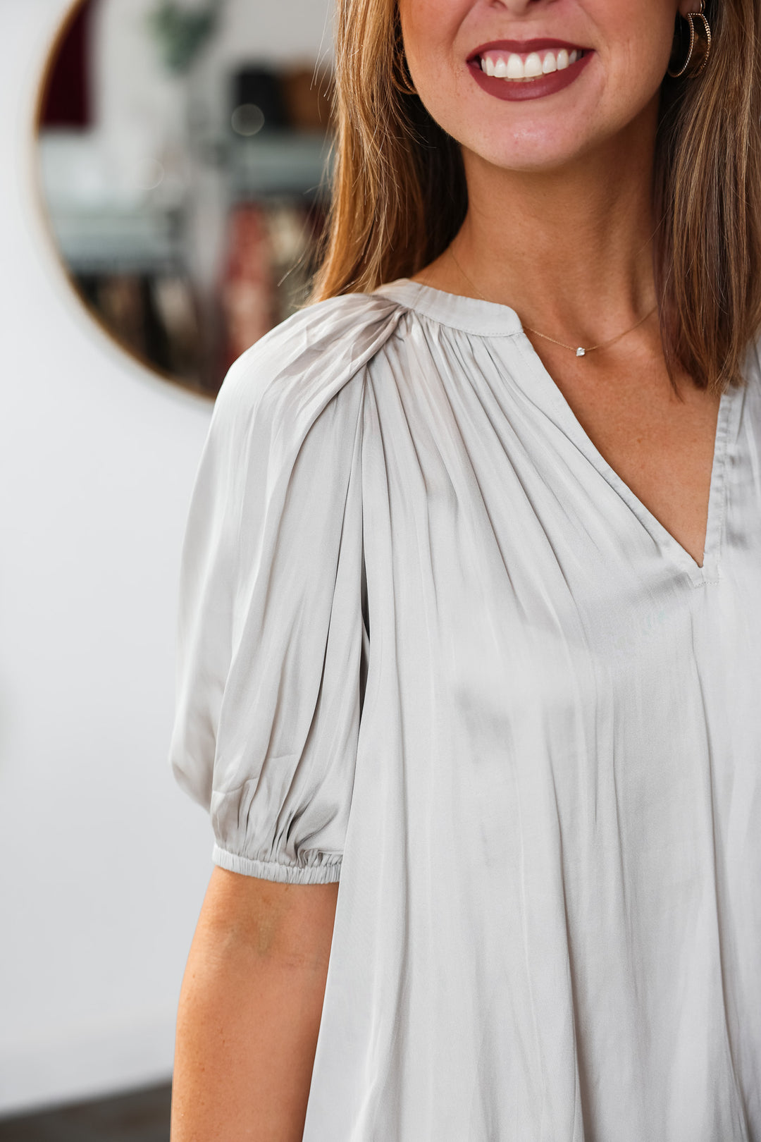 Half Sleeve Satin Blouse - Stone Grey