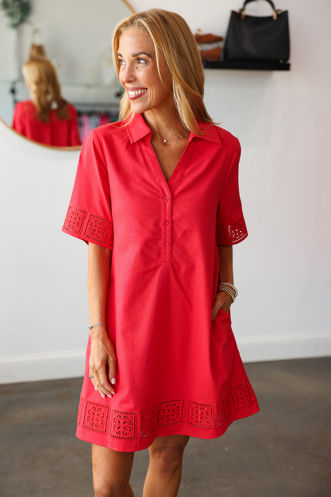Embroidered Trim Dress - Red