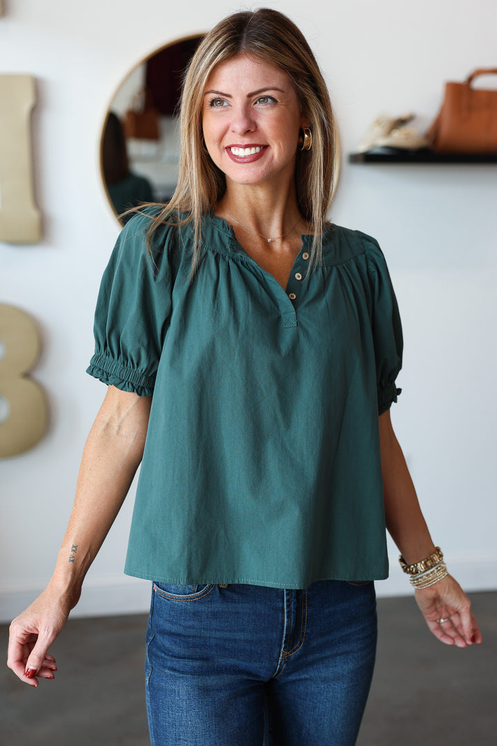 Split Neck Top - Forest