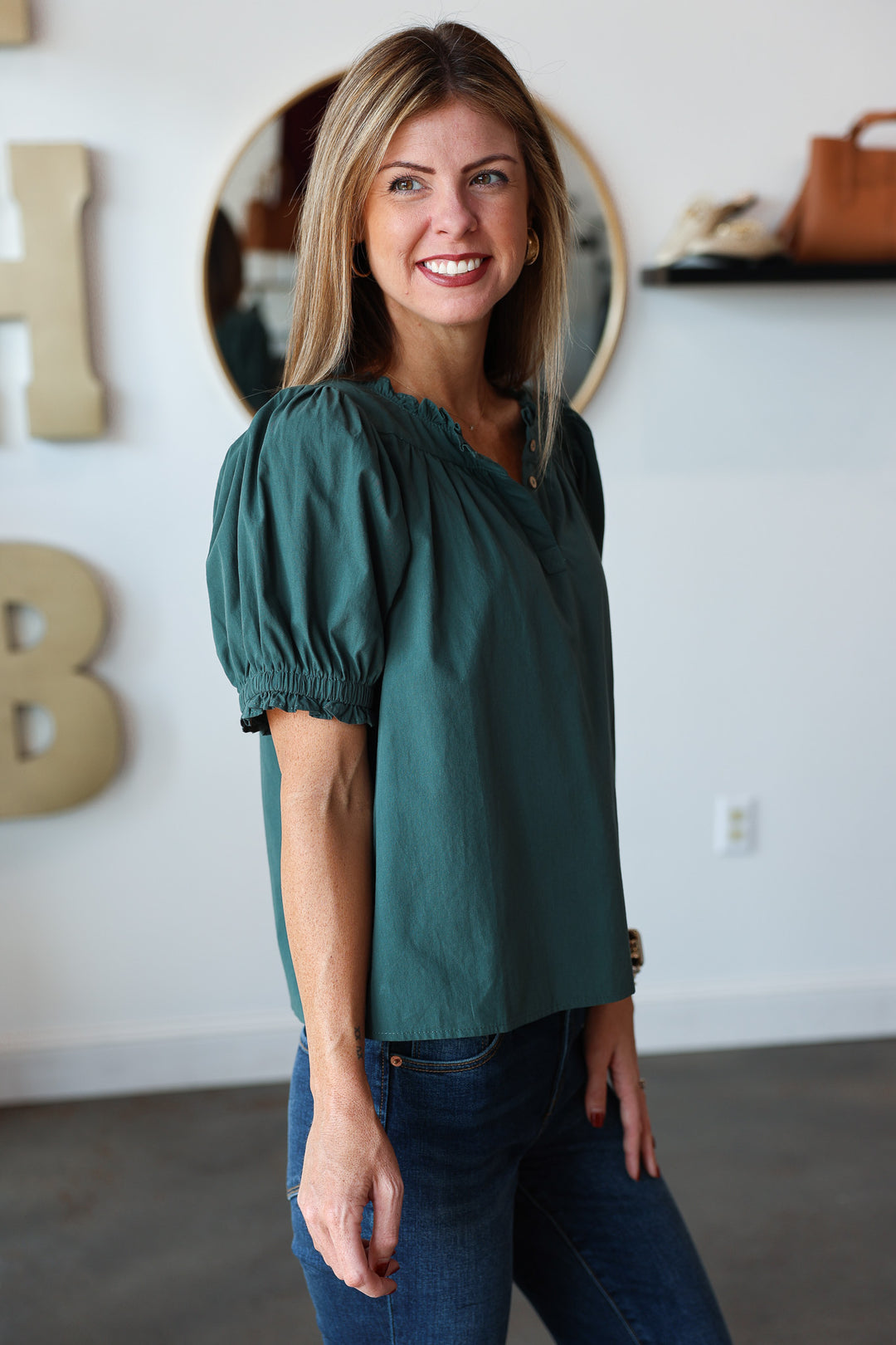 Split Neck Top - Forest