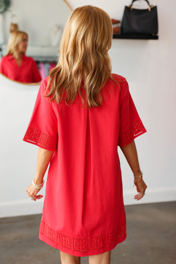 Embroidered Trim Dress - Red