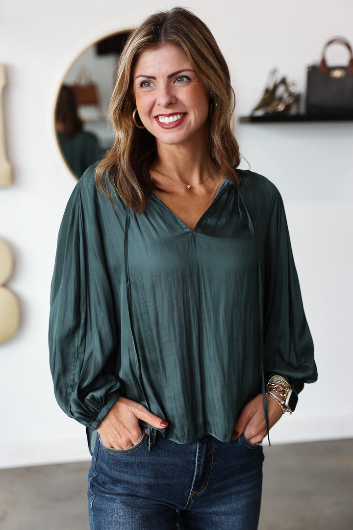 Tie Neck Satin Top - Forest Green