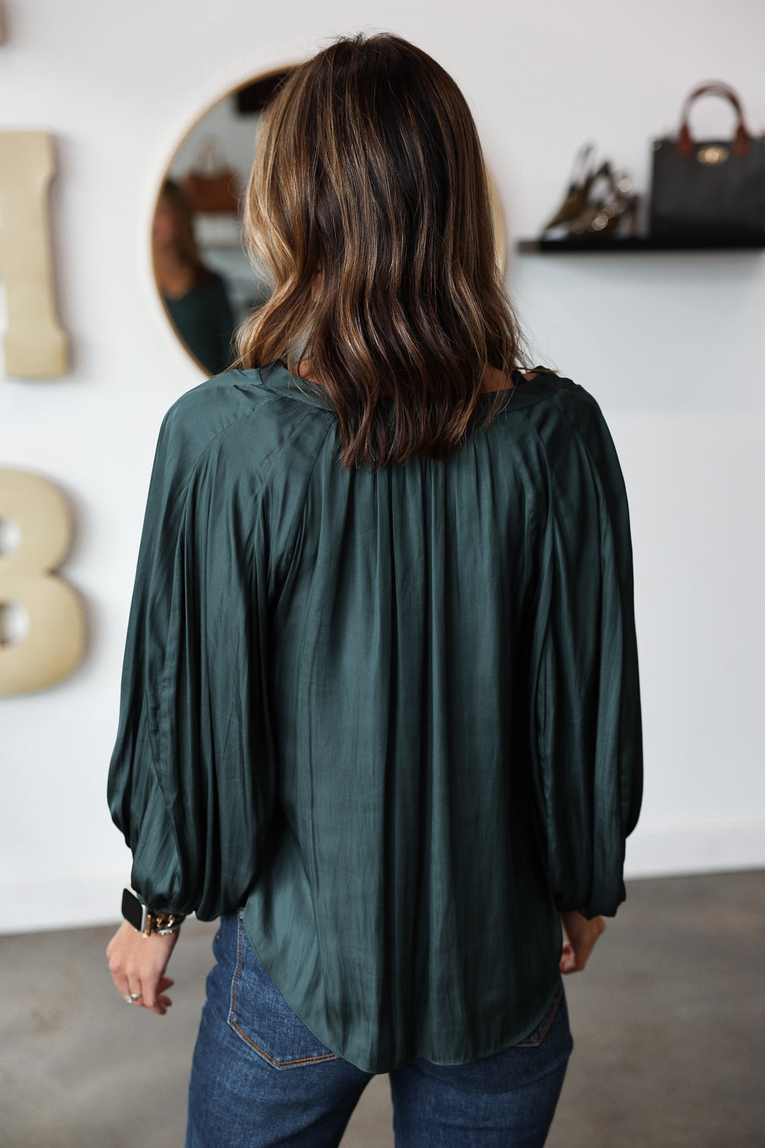 Tie Neck Satin Top - Forest Green