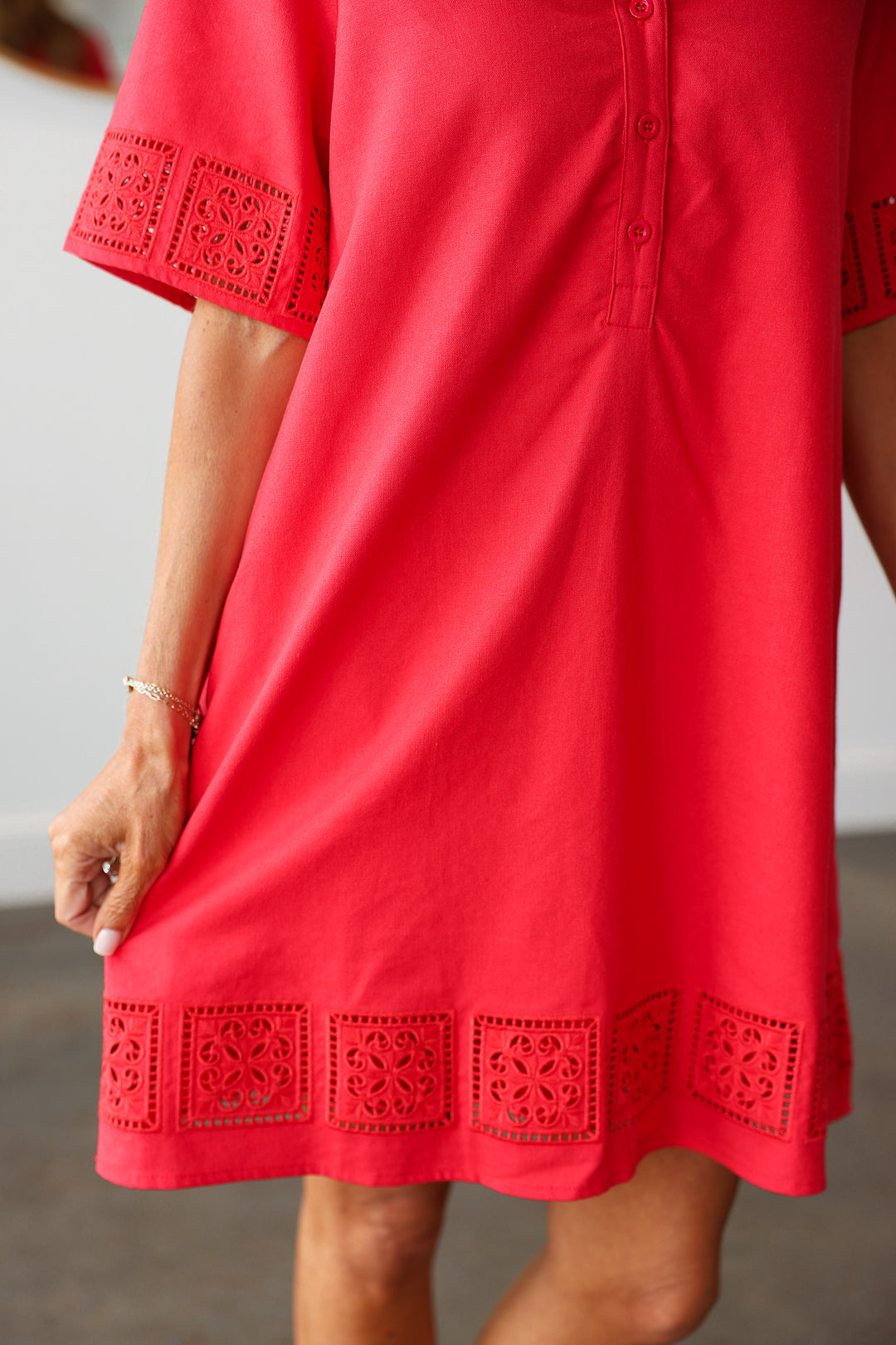 Embroidered Trim Dress - Red