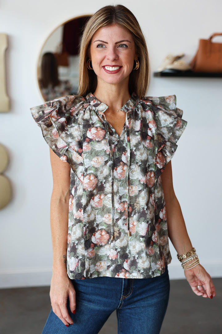 Double Ruffle Sleeve Floral Top - Olive