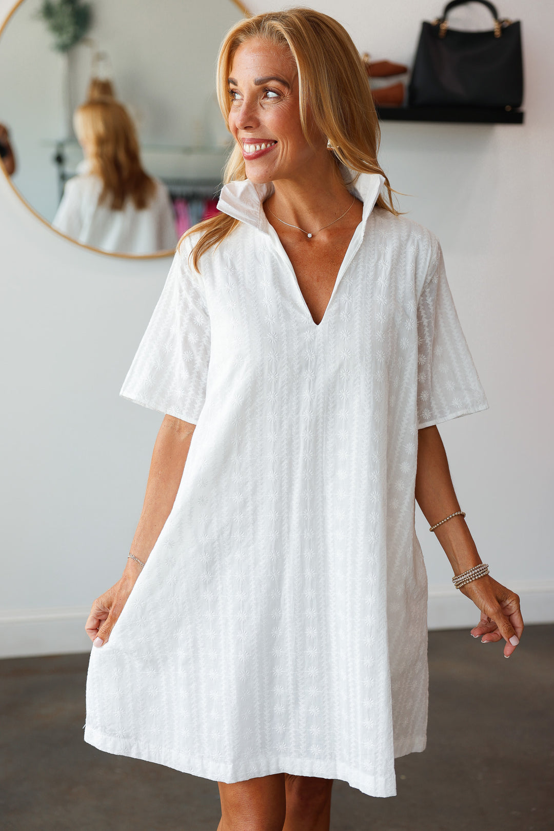 Ruffle Collar Textured Dress - White