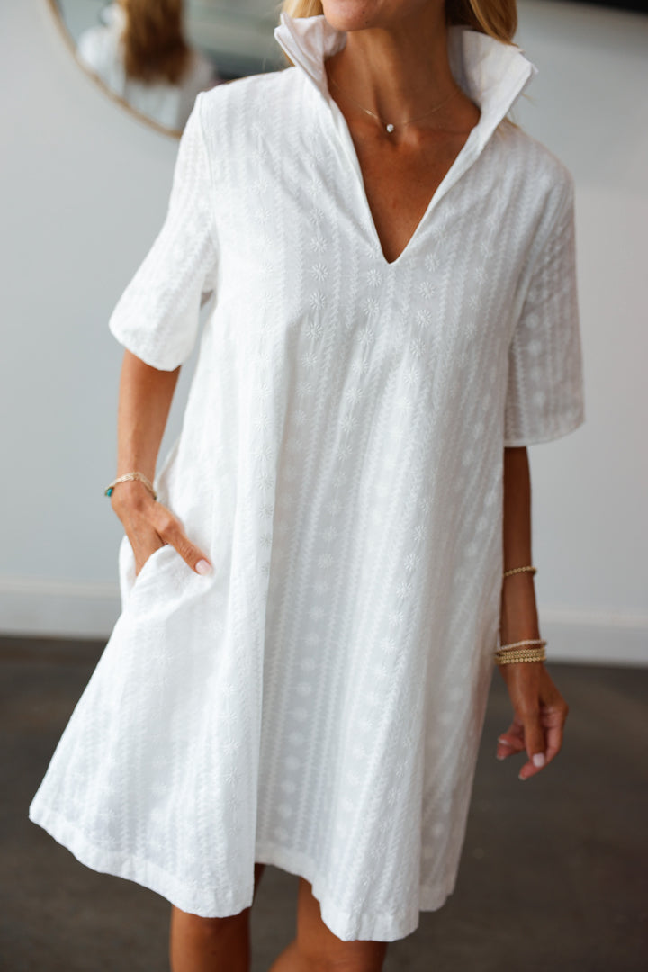 Ruffle Collar Textured Dress - White