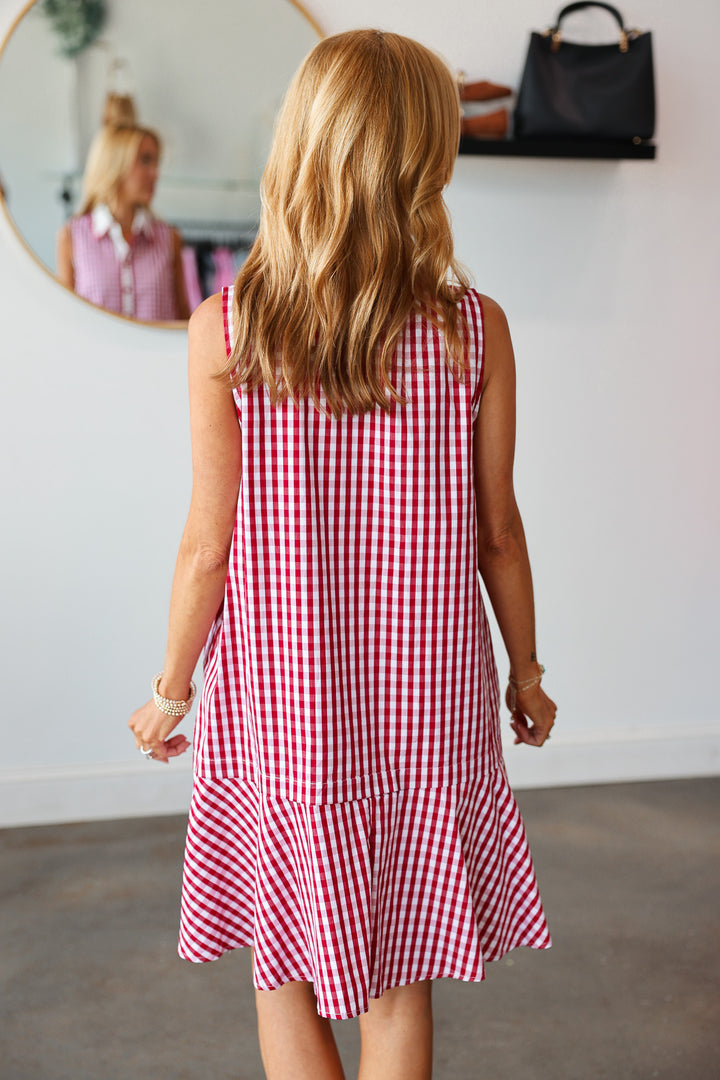 Gingham Ruffle Hem Dress - Red