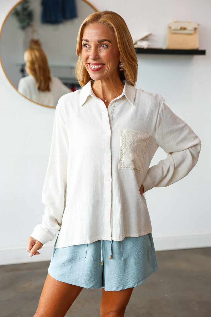 Palm Tree Embroidered Button Down