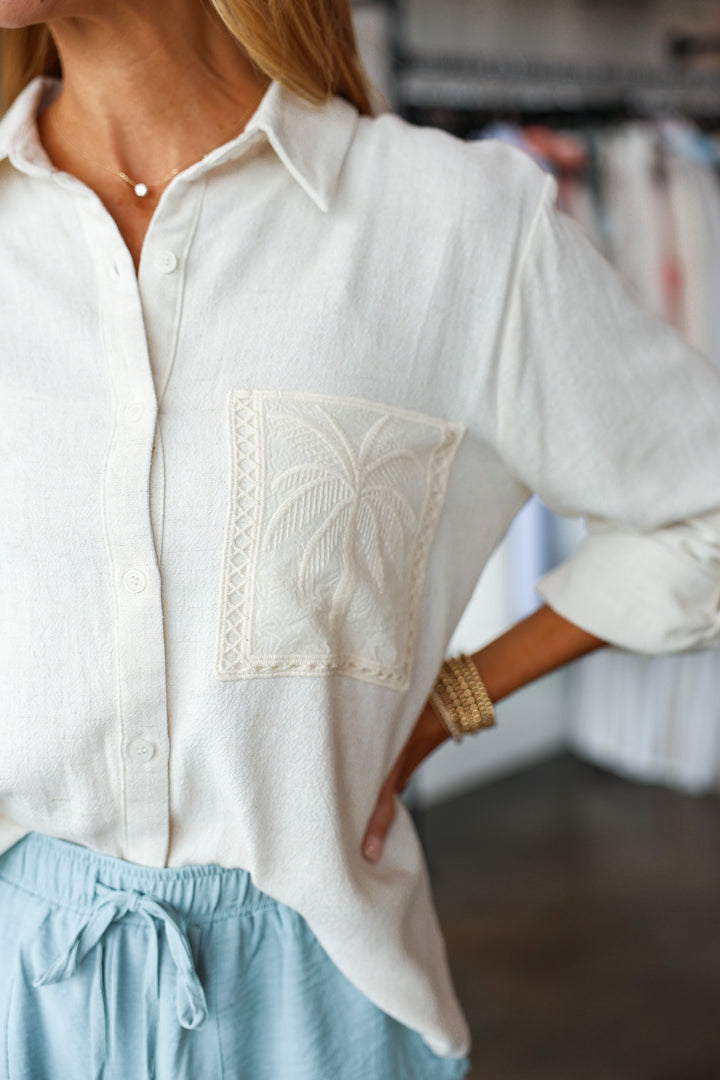 Palm Tree Embroidered Button Down