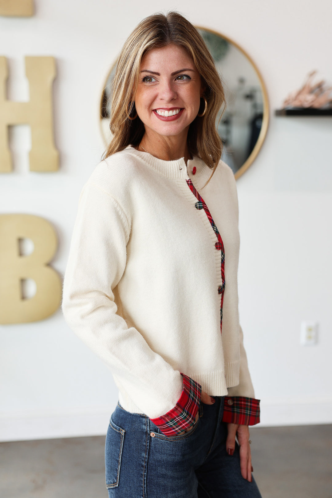 Plaid Trim Sweater - Cream