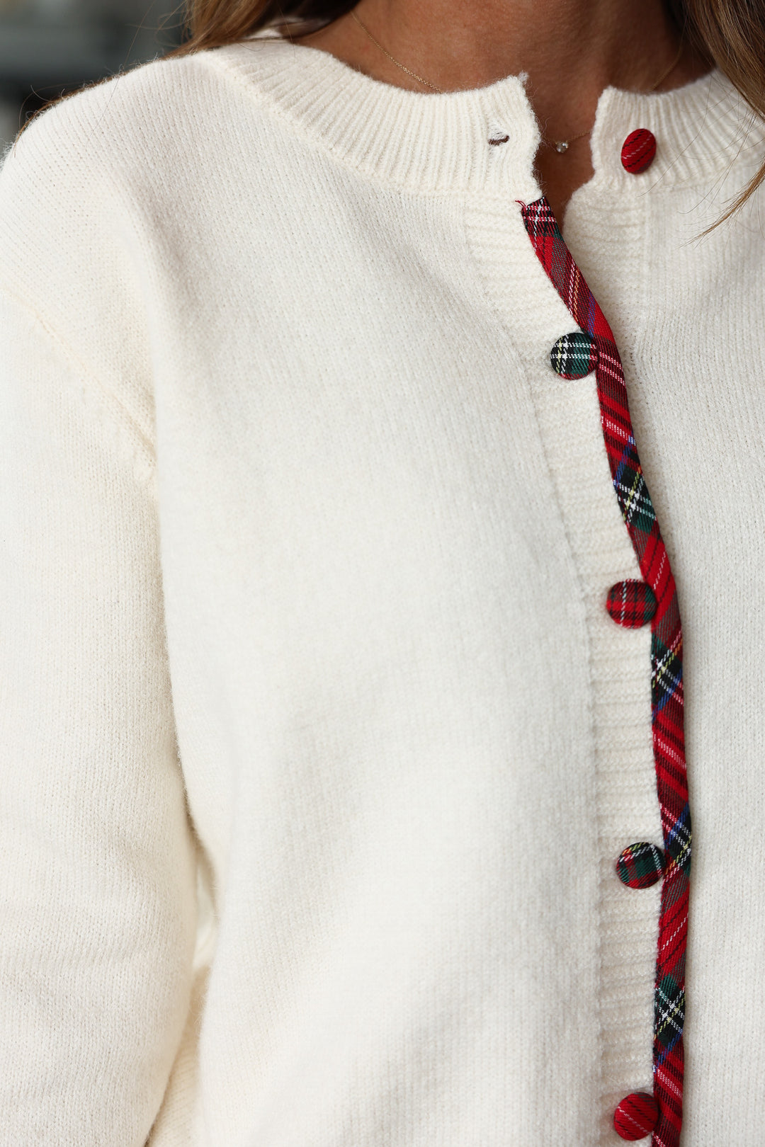 Plaid Trim Sweater - Cream