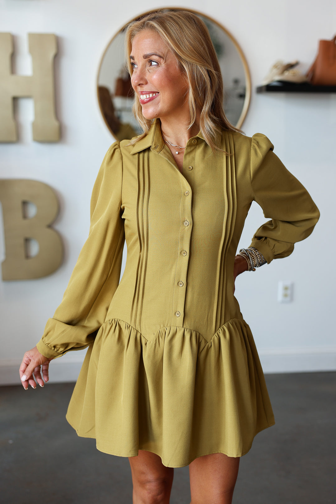 Button Front Drop Waist Dress - Chartreuse