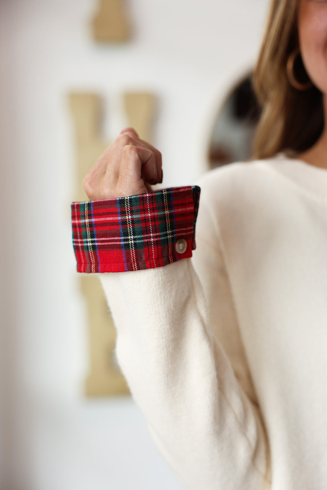 Plaid Trim Sweater - Cream