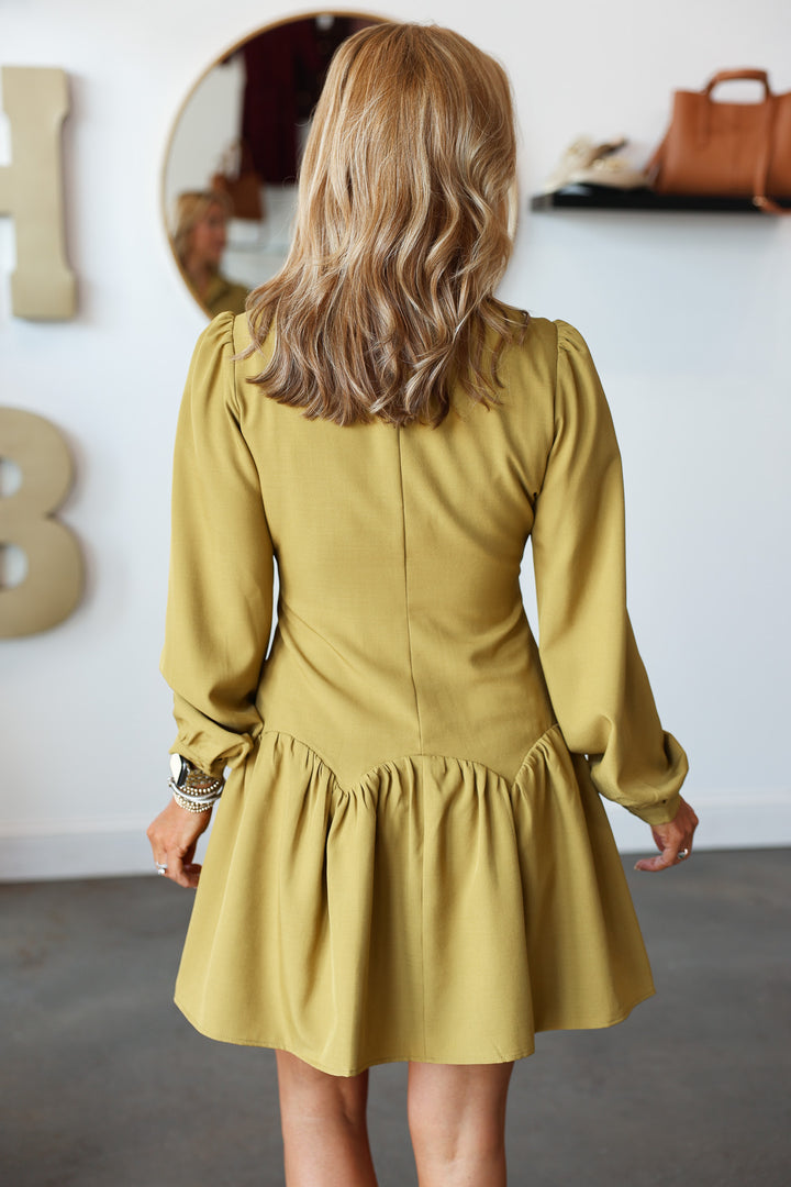 Button Front Drop Waist Dress - Chartreuse