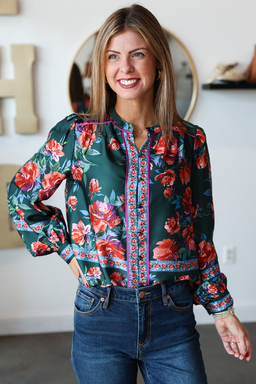 Button Front Printed Top - Deep Green