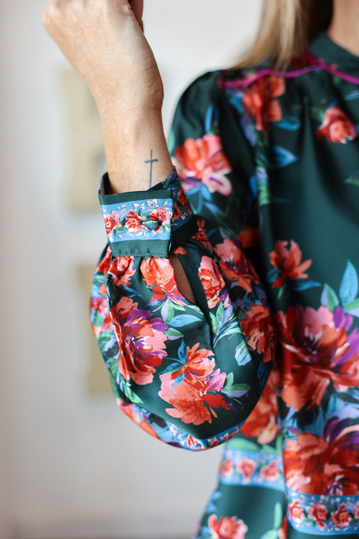 Button Front Printed Top - Deep Green