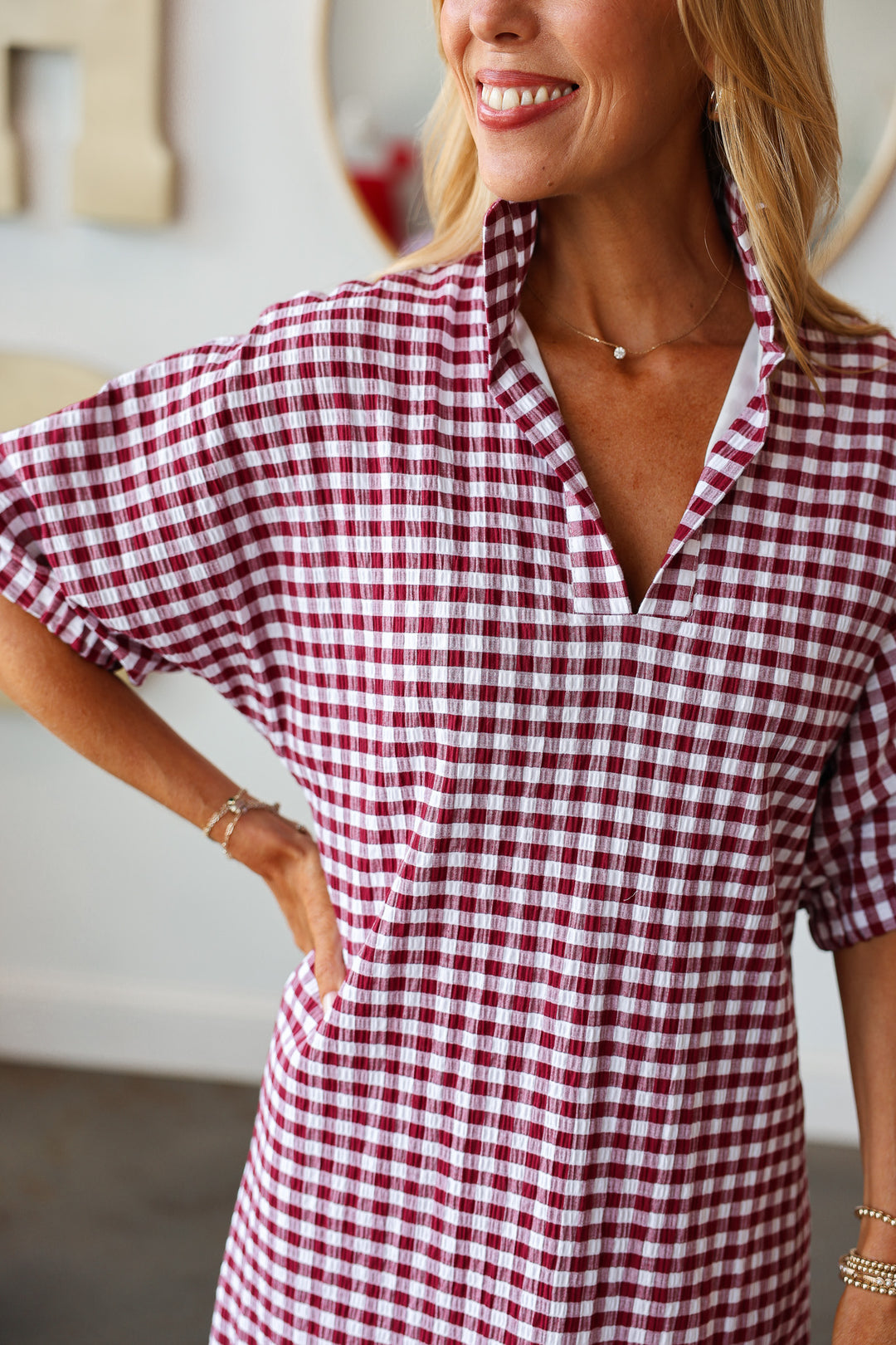 Gingham Drop Shoulder Dress - Burgundy