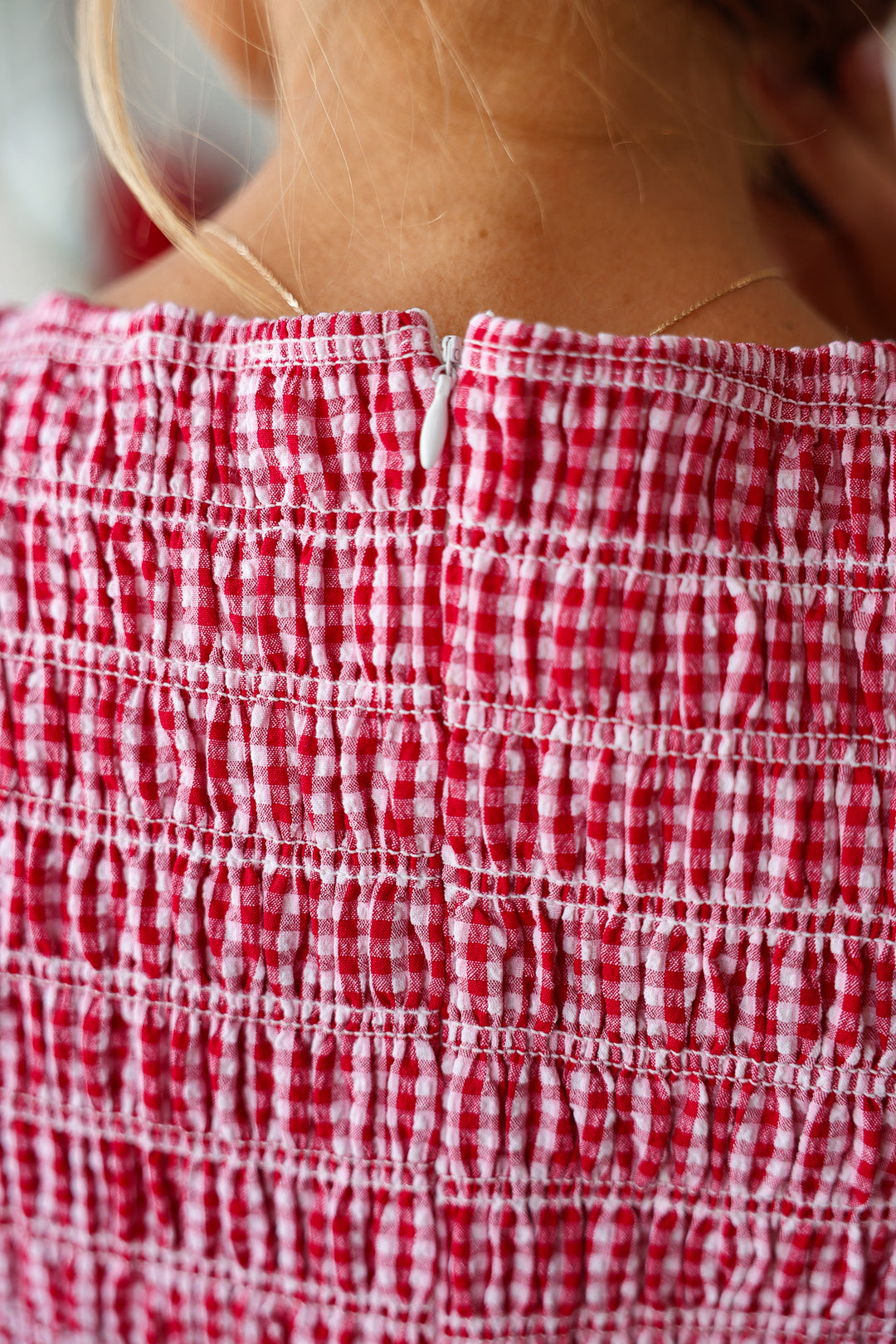 Smocked Gingham Romper - Red