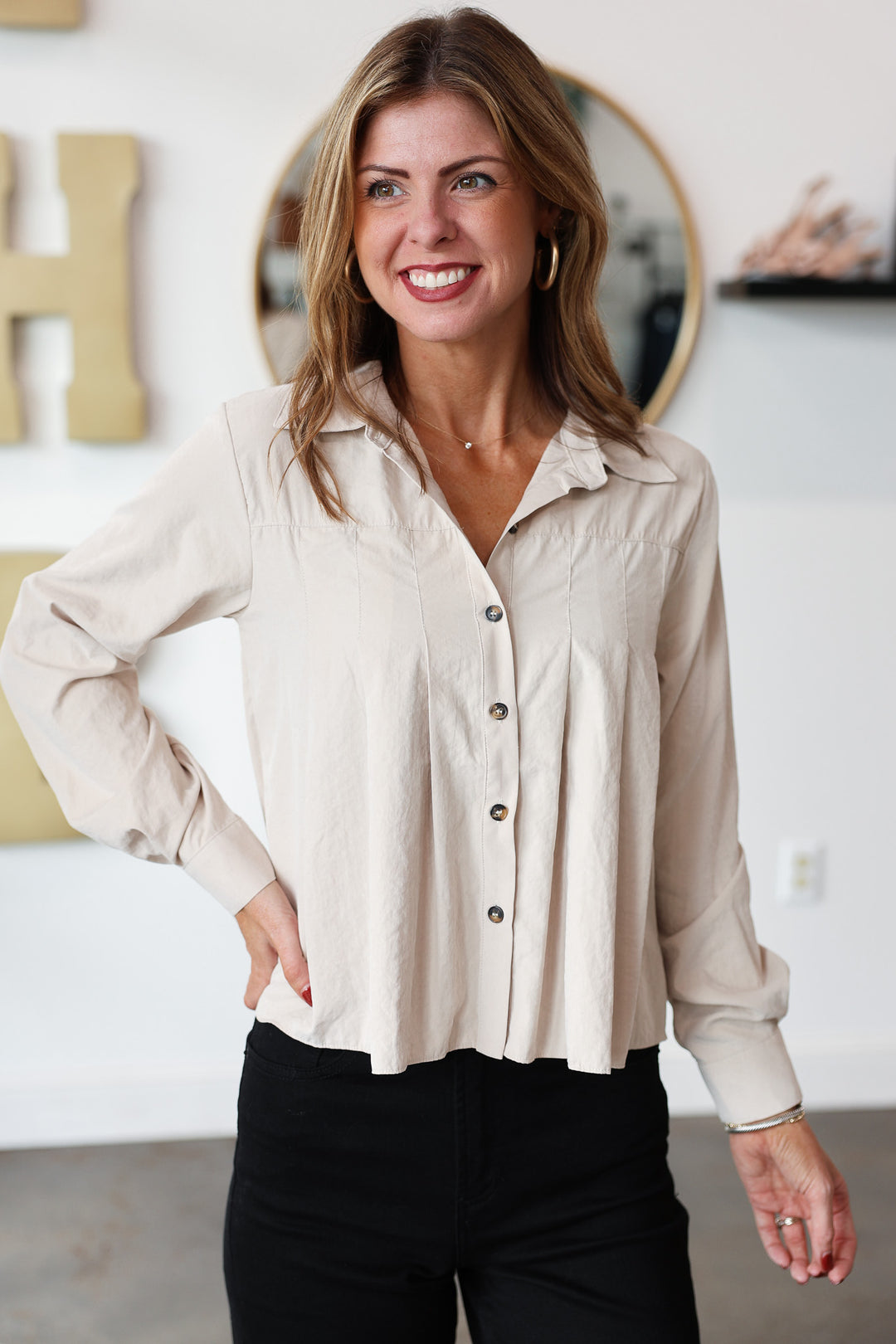 Pleated Button Up Top - Taupe