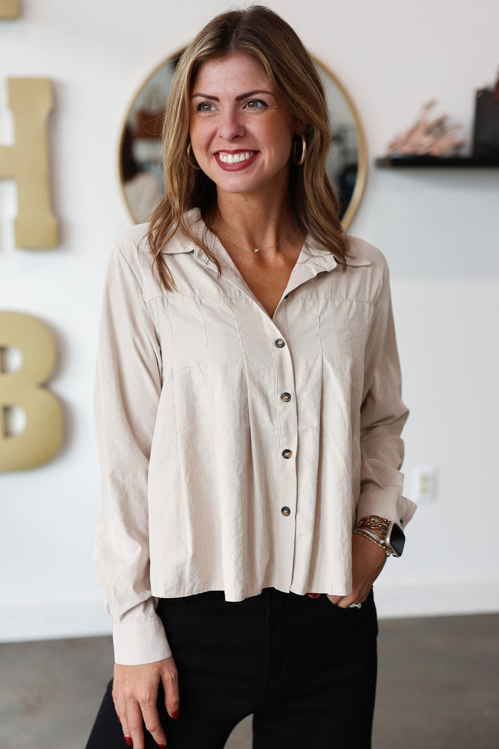Pleated Button Up Top - Taupe