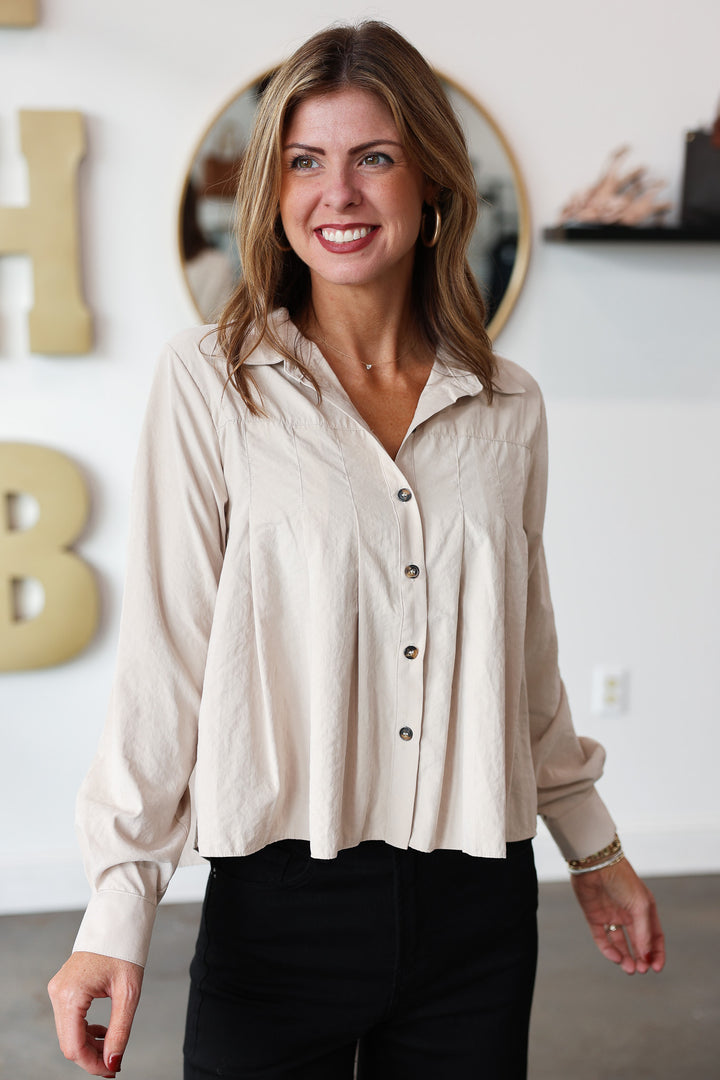 Pleated Button Up Top - Taupe