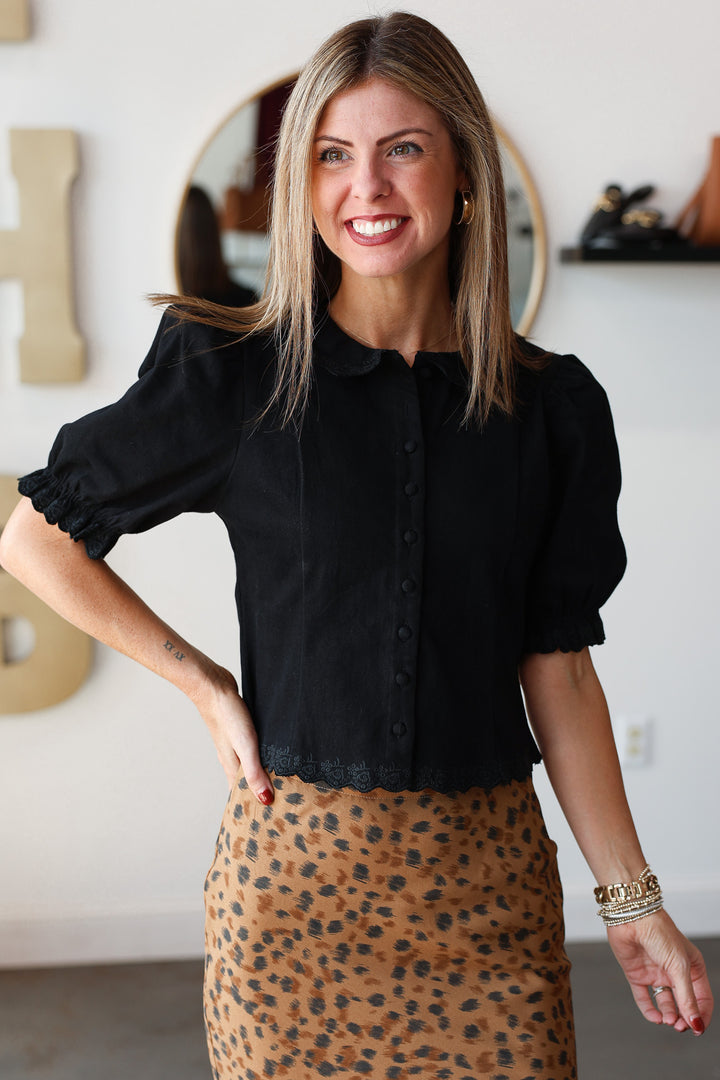 Embroidered Trim Detail Top - Black