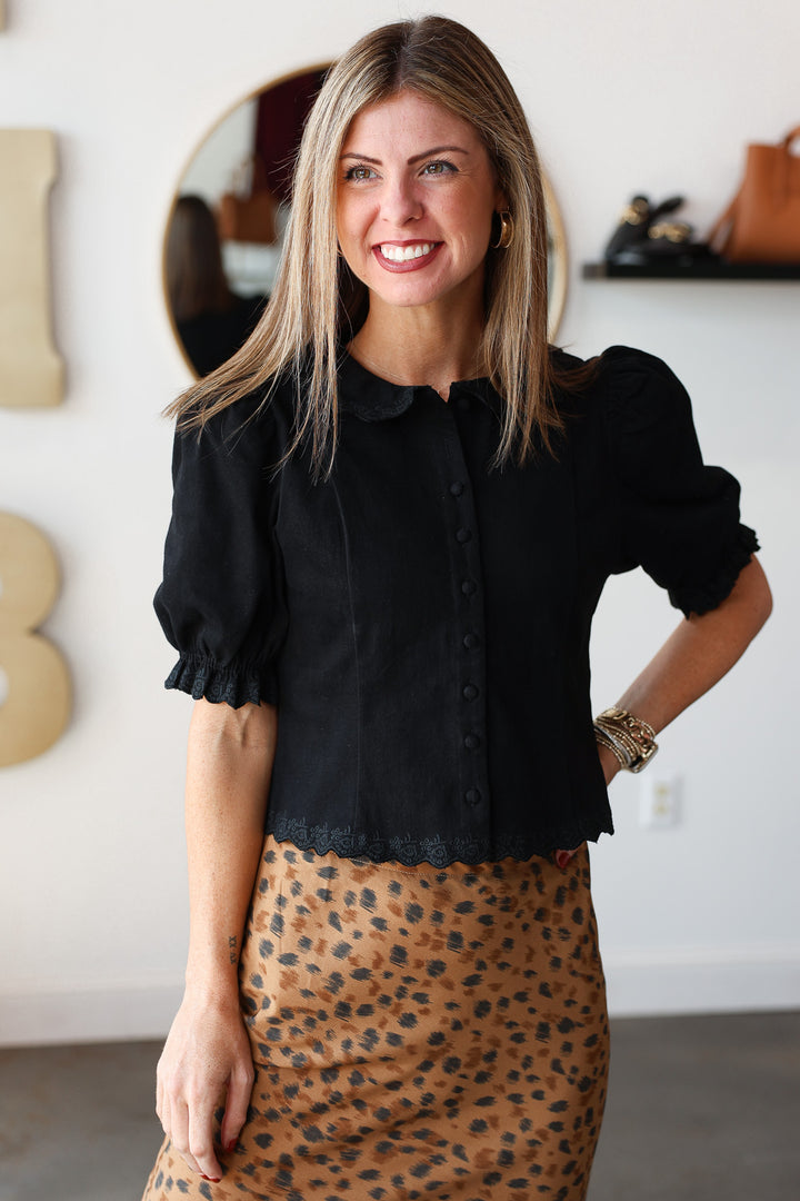 Embroidered Trim Detail Top - Black