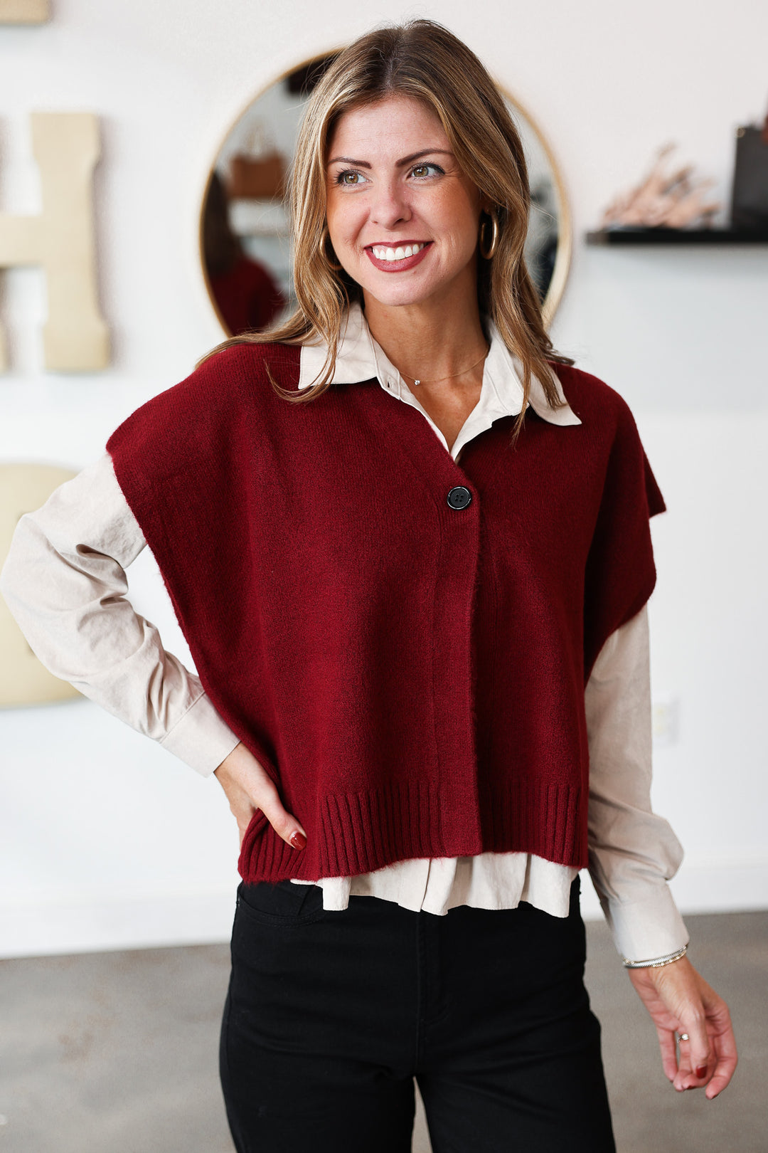 Single Button Sweater Vest - Burgundy