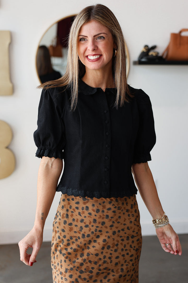 Embroidered Trim Detail Top - Black